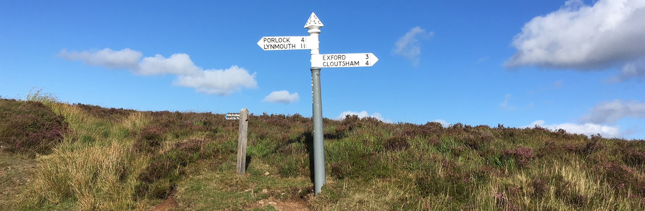 Historic signpost in moorland.